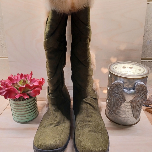 Olive Green Suede Ankle Boots with Fur Trim - Picture 1 of 5